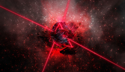 Abstract background with comet explosion. Thick smoke burning stone, laser beam, red neon. Cosmic explosion, neon light. © MiaStendal