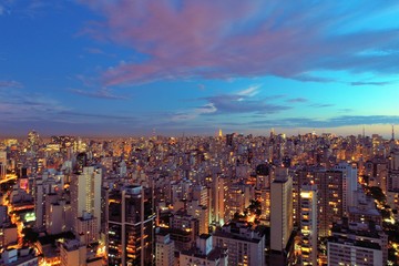 Aerial view of sunset on the city. Fantastic landscape. Great contrast and lightning. São Paulo, Brazil
