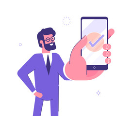 Handsome businessman showing smartphone display with successful check mark close up and winking. Friendly male character. Vector illustration.

