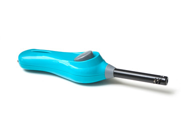 closeup of blue lighter on white background
