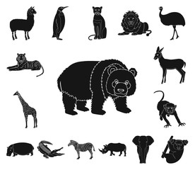 Different animals black icons in set collection for design. Bird, predator and herbivore vector symbol stock web illustration.