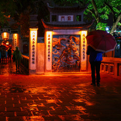 Ngoc Son Temple. Hanoi city old town at night, Vietnam