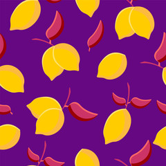 Seamless pattern of citrus with leaf in purple color background. Vector illustration for banner, wallpaper, textile, fashion, card, banner.