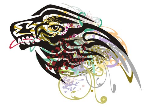 Grunge aggressive wolf head with a falcon inside. Tribal angry peaked head of a wolf with colorful floral splashes on a white background