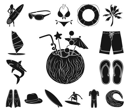 Surfing and extreme black icons in set collection for design. Surfer and accessories vector symbol stock web illustration.