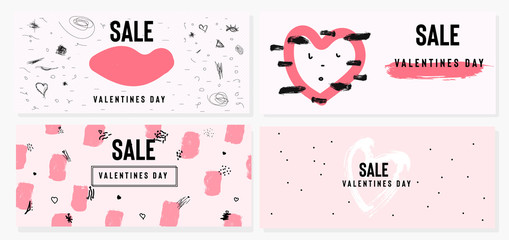 Happy Valentine's Day set of sale banners with text. Trendy background with hand drawn brush paints. Vector illustration