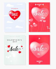 Happy Valentine's Day set of sale banners with calligraphy text and red baloon hearts. Vector illustration