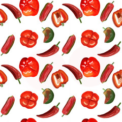 pattern of red and green sweet peppers and red hot chili peppers.