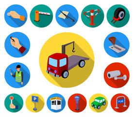 Parking for cars flat icons in set collection for design. Equipment and service vector symbol stock web illustration.