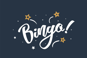 Naklejka premium Bingo lettering card, banner. Beautiful greeting scratched calligraphy white text word stars. Hand drawn invitation print design. Handwritten modern brush blue background isolated vector