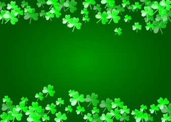 Saint patricks day background with shamrock. Lucky trefoil confetti. Glitter frame of clover leaves. Template for flyer, special business offer, promo. Decorative saint patricks day backdrop.