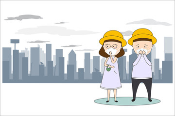 Men and women wear masks to prevent air pollution in the city. Such as dust, smoke and smell. Concept flat style vector illustration environmental impact.-EPS 10