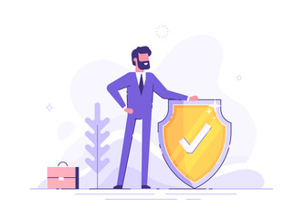 Man is holding a shield covering from attacks. Protection, insurance,  from business  dangers concept. Modern vector illustration.