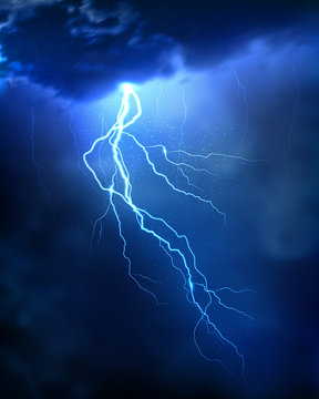 Lightning strike on the dark cloudy sky. Realistic vector illustration