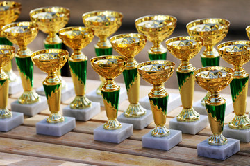 Group of  golden trophies championship awards in row