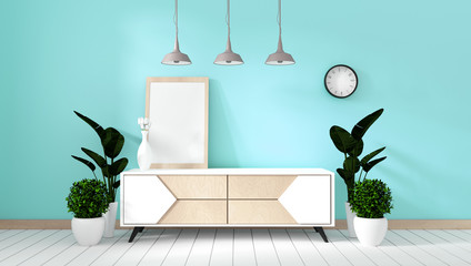Tv shelf in mint room modern zen style - empty room interior - minimal design. 3d rendering