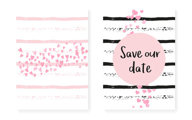 Wedding card invitation with dots and sequins. Bridal shower set with pink glitter confetti. Vertical stripes background. Fashion wedding card for party, event, save the date flyer.