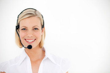 Portrait of gorgeous customer service representative with headset