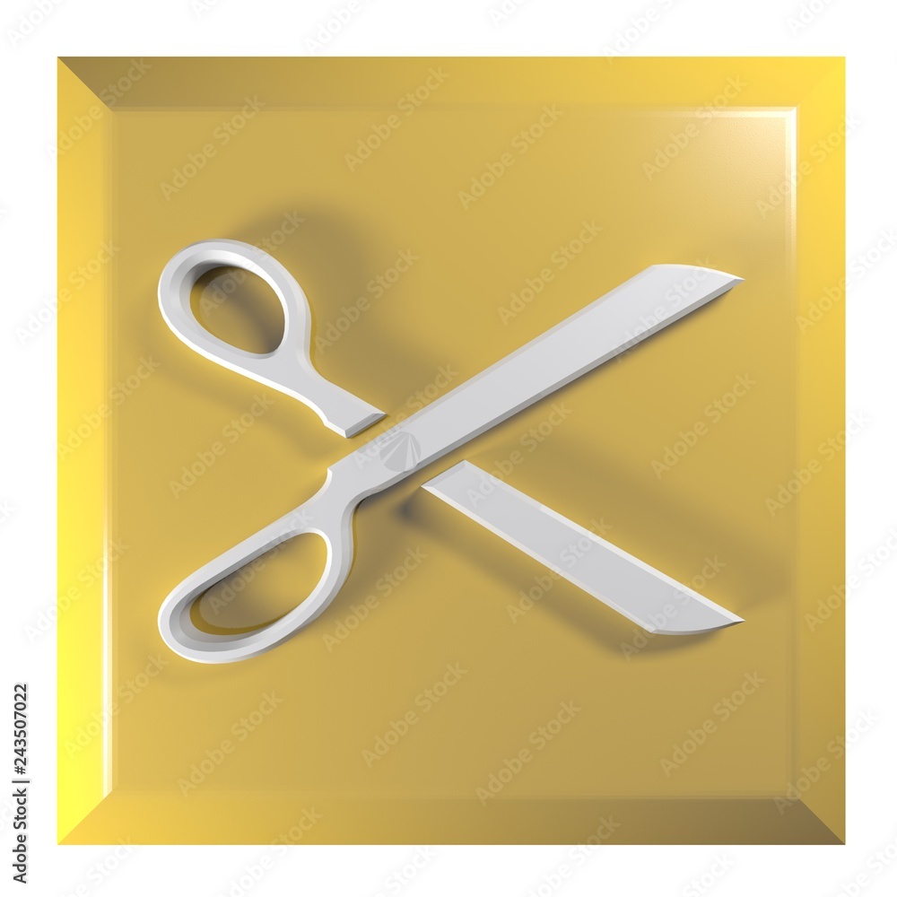 Aufkleber scissors icon yellow - orange push button - 3d rendering illustration