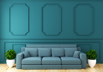 Empty luxury room interior with sofa in room mint wall on wooden floor. 3D rendering