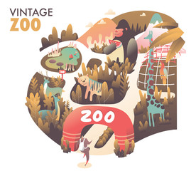 Zoo colorful vintage illustration in vector