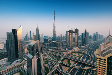 Fototapeta na wymiar Dubai sunset panoramic view of downtown