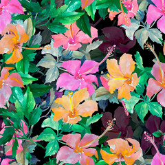Hibiscus seamless pattern on a white background.