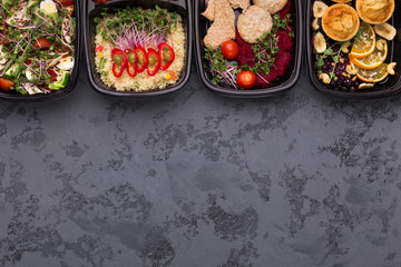 Take away food, variety of healthy meals top view