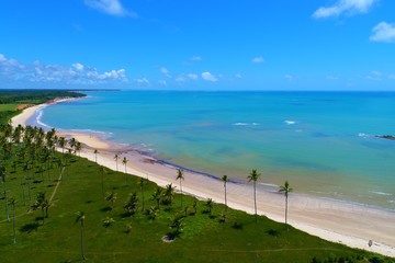 Cumuruxatiba, Bahia, Brazil: Aerial view of a beautiful beach with caribbean water. Fantastic landscape. Great beach view
