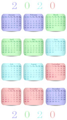 Calendar 2020 vector design. Date on the curved colored stickers 