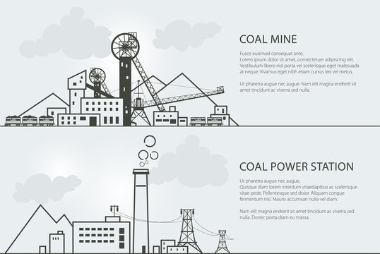 Set of Horizontal Banners with Coal Mining and Power Station, Complex Industrial Facilities with Spoil Tip and with Rail Cars , Power Line and Mine, Coal and Energy Industry, Vector Illustration