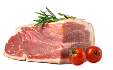 The finest prosciutto  with rosemary and tomatoes on white background