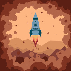 Cute cartoon rocket starts from the surface of Mars in clouds of smoke and red dust.  Red Martian mountains in the background