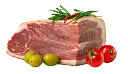 The finest prosciutto  with rosemary, tomatoes and olives on white background
