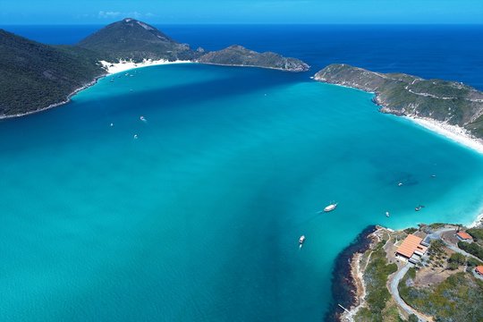 Arraial do Cabo, Brazil: Aerial view of a paradise sea with crystal water. Fantastic landscape. Great beach view. Brazillian Caribbean.