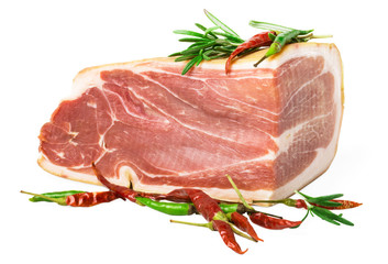 The finest prosciutto  with rosemary  and red pepper white background