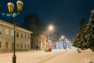 Night winter view of the Sovetsky prospect (Soviet avenue) in Veliky Ustyug, Vologda Region, Russia.