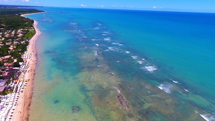 Aerial view of a paradise sea with clear water. Fantastic landscape. Great beach view. Arraia d’Ajuda, Bahia, Brazil