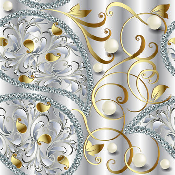 3d Jewellery ornate diamonds vector seamless pattern. Vintage gold Paisley flowers, lines, leaves. Jewelry pearls gemstones. Silver ornamental jewelry background. For wallpaper, fabric, wedding cards