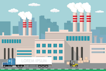 Fototapeta premium Industrial factory,city view on background,Delivery long truck and forklift