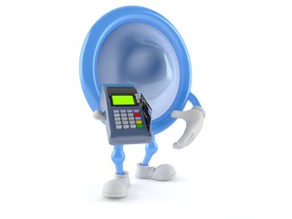 Condom character holding credit card reader