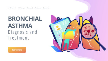 Huge magnifier showing cancer in the lungs and doctor with document folder. Lung cancer, trachea and bronchus concept on white background. Website vibrant violet landing web page template.