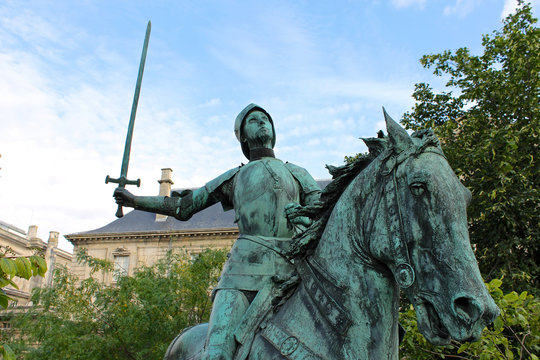 Reims, France. Equestrian statue of Joan of Arc (Jeanne d'Arc), made by Paul Dubois and placed in front of the Cathedral of Our Lady