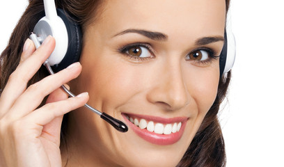 Support phone operator in headset, isolated