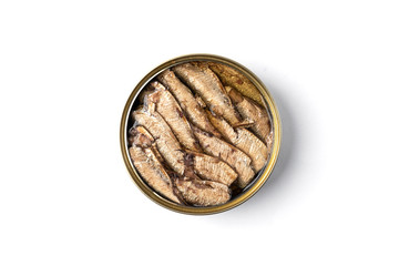 Sprats in tin can isolated on white background.
