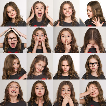 Set of emotional portraits of child girl