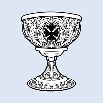 Decorative Goblet. Medieval gothic style concept art. Design element. Black a nd white drawing isolated on grey background. EPS10 vector illustration