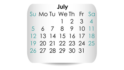 July 2020 vector. Calendar 2020 vector design. Date on the curved stickers 