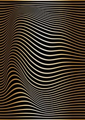 Abstract gold lines are curved on a black background. Optical illusion of concavity and curvature. Wavy vertical vector background.