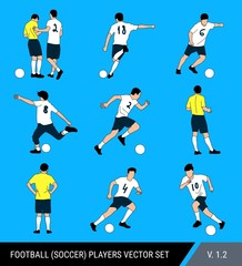 Fototapeta na wymiar Vector figures of football players on a bright blue background. Judge and players, different poses, vector set. Football player hits the ball, runs with the ball, the judge fines the player.